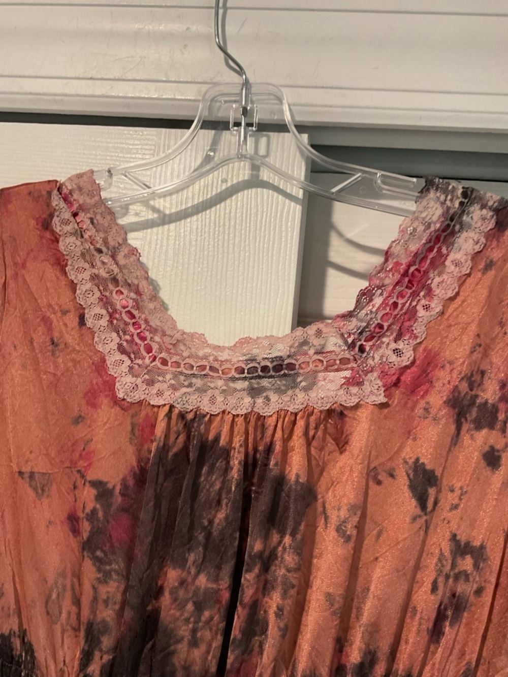 True Vintage Tie-Dye Pink Brown Long Lace-Trim Satin Dress Chemise Nightgown Y2K - Picture 8 of 9